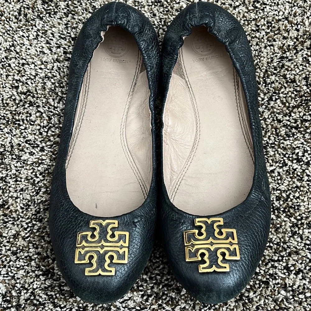Tory Burch Gold Logo Melinda Black Leather Flat, worn